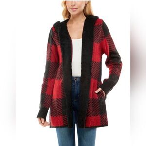 Adrianne Vittadi hooded cardigan sweater size S/M red black buffalo soft